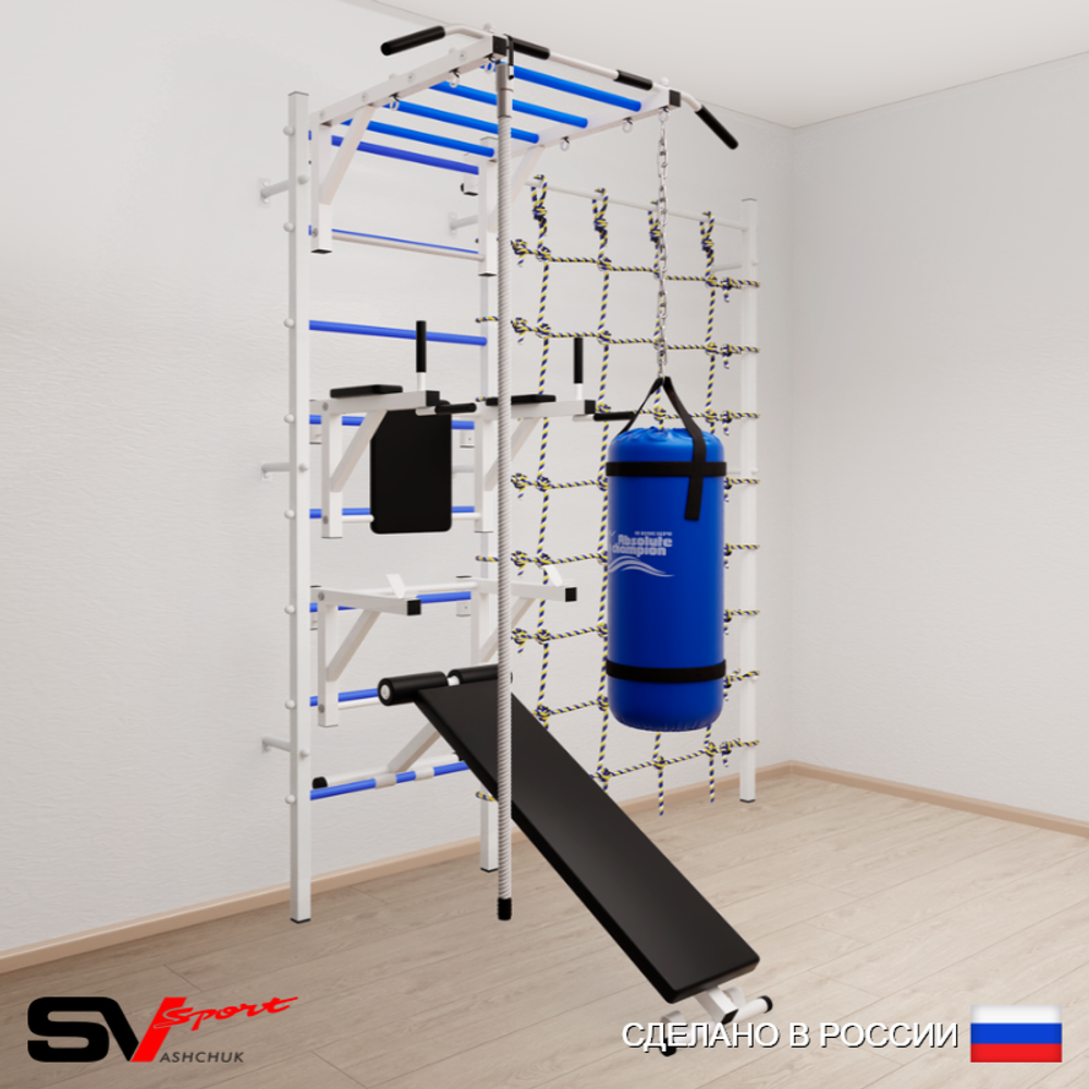 Шведская стенка Sv Sport усиленная 66020 (Турник рукоход/Брусья/Стойка/Скамья/Канат/Цепь/Мешок 22кг/Канатный лаз)