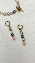 Серьги длинные из натурального жемчуга и кошачего глаза, оттенок золото, замок левербек