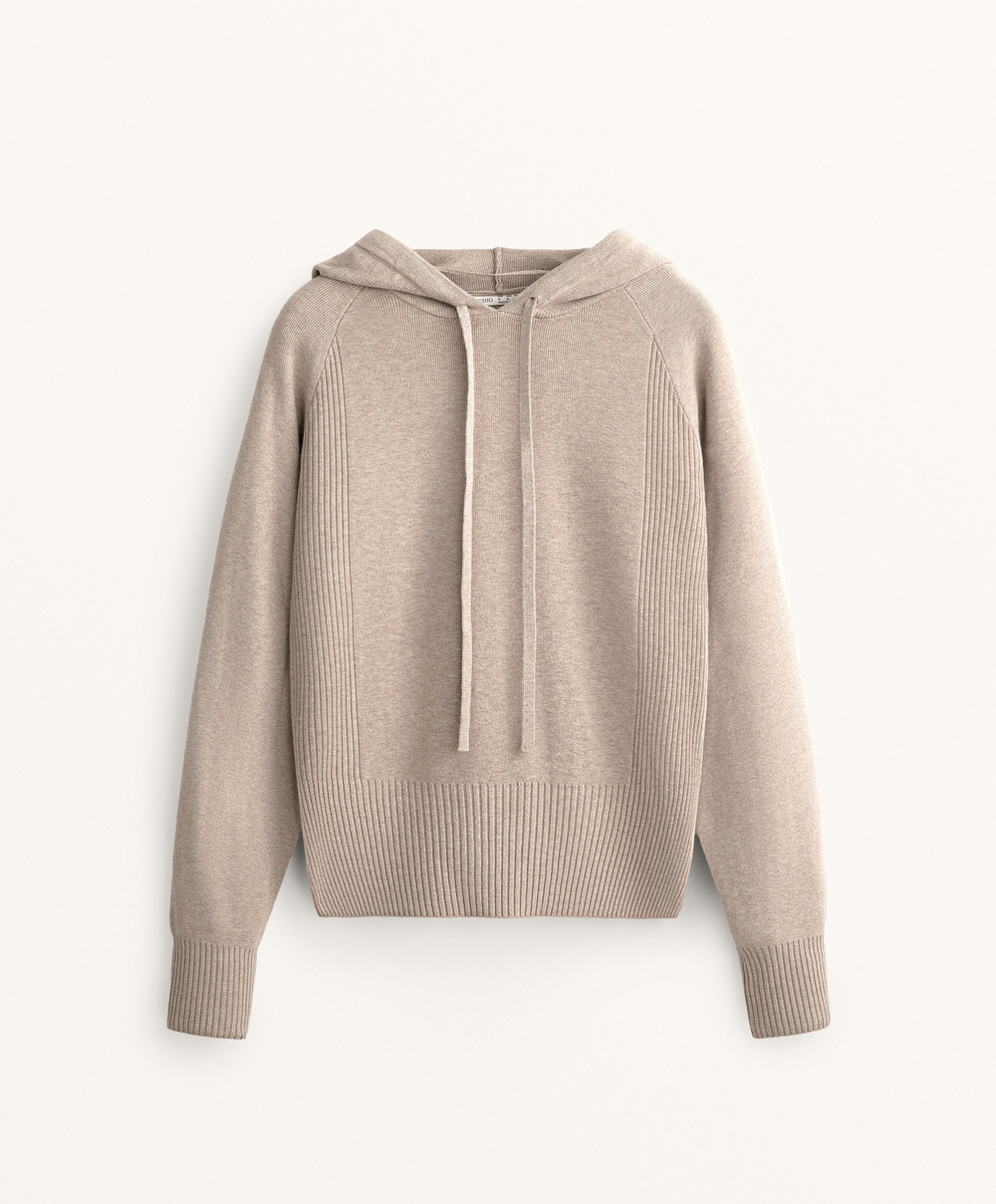Oysho Вязаный джемпер в рубчик с капюшоном и приталенной талией, серо-коричневый