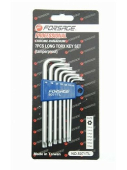 Набор ключей TORX Г-образных экстра длинных с отверстием 7пр.(Т10Н,Т15Н,Т20Н,Т25Н,Т27Н,Т30Н,Т40Н) в пластиковом держателе Forsage F-5071TXL