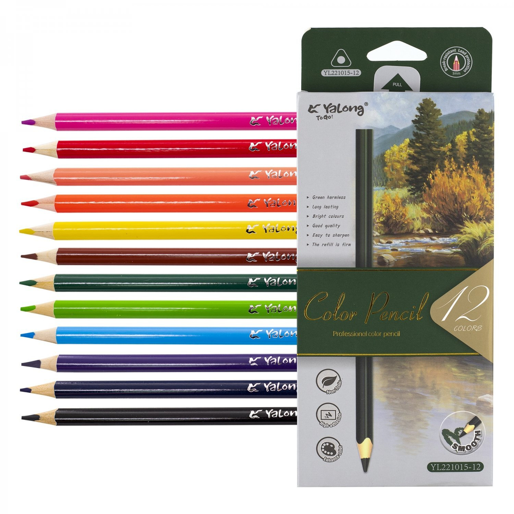 Карандаши цветные Yalong 12 цв., "Этюд" деревянные, трехгранные, заточенные, грифель 3.0 мм, картон. уп., европодвес