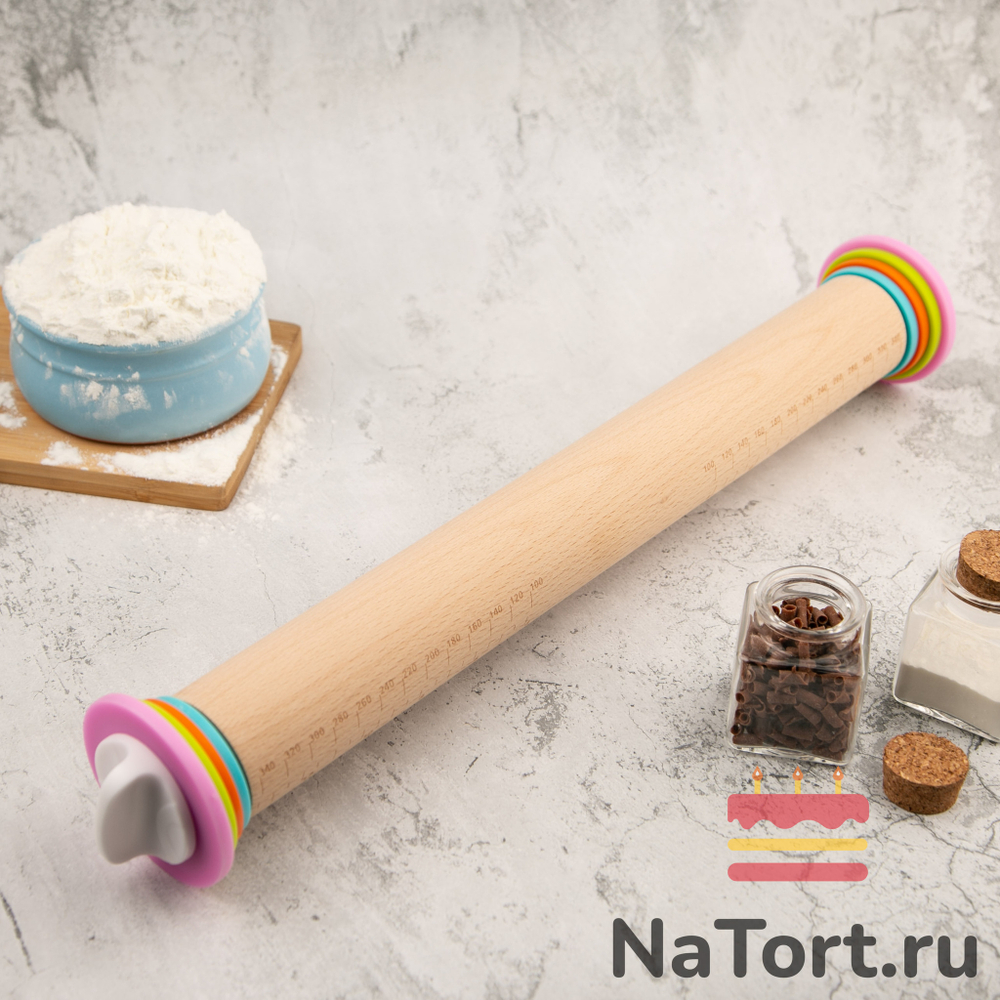 Деревянная скалка с регулировкой толщины теста 35 см