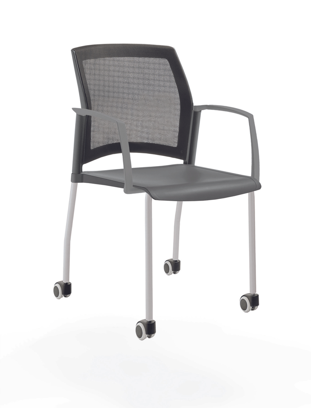стул Rewind на 4 ногах и колесах, каркас серый, пластик серый, с закрытыми подлокотниками, спинка-сетка