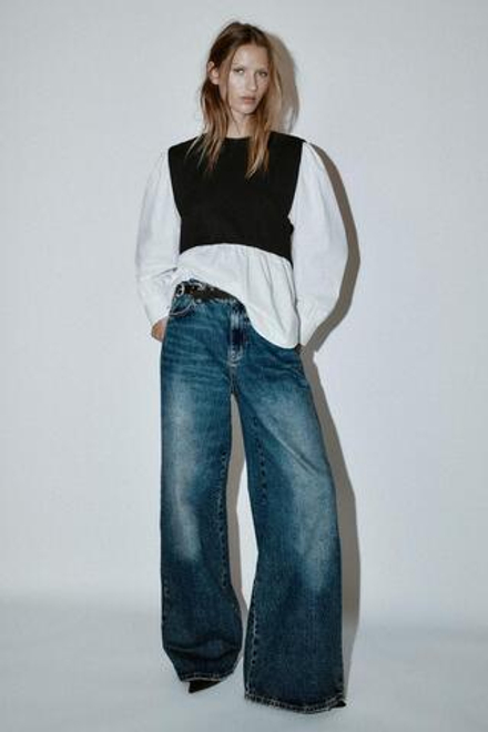 ZARA БЛУЗА ИЗ ПОПЛИНА С КОМБИНИРОВАННОЙ ТКАНЬЮ, ЧЕРНЫЙ