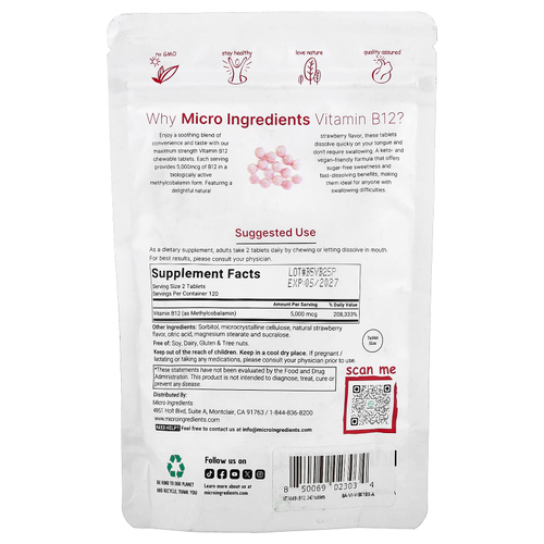 Micro Ingredients, витамин B12, клубника, 240 жевательных таблеток (2500 мкг в 1 таблетке)