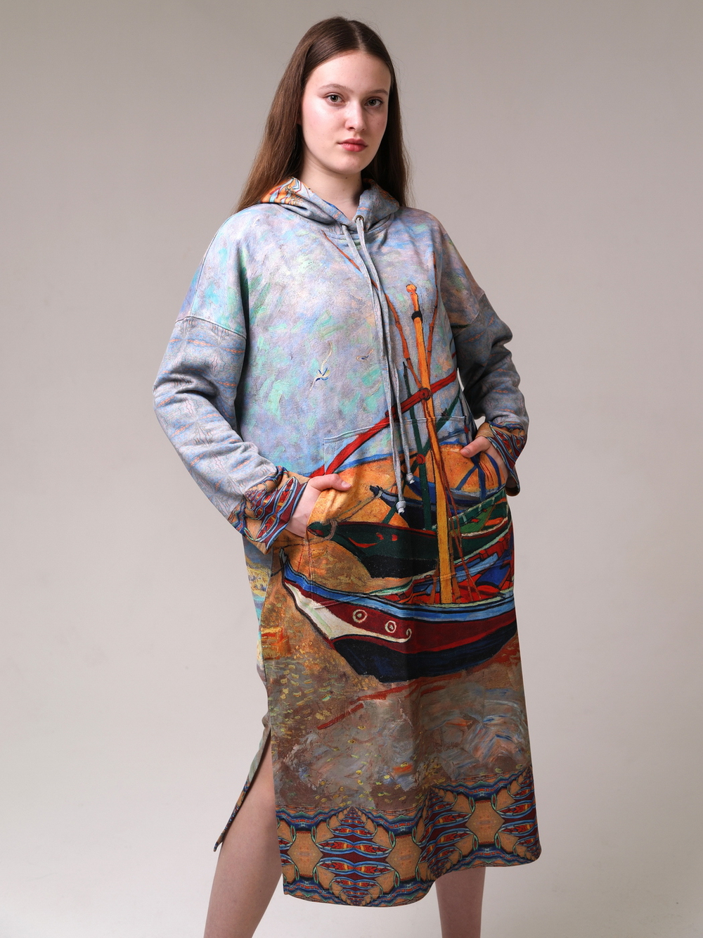 Платье с капюшоном "Рыбацкие лодки Ван Гога"