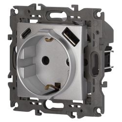 Розетка ЭРА Elegance 14-4108-03 2P+E 16A-250В со шторками с USB type-A+C 5В-3А алюминий