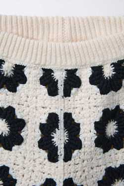 ZARA ТРИКОТАЖНЫЕ БРЮКИ ИЗ КРУЖЕВА КРОШЕ С ЦВЕТОЧНЫМ УЗОРОМ, ЭКРЮ/ЧЕРНЫЙ