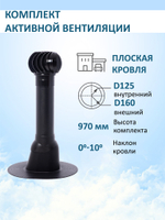 Комплект активной вентиляции: Вентиляционный выход изолированный D125/160 утепленный высота H=700 мм, проходной элемент для плоской кровли ТП-187, турбодефлектор Ø 160 мм, серый