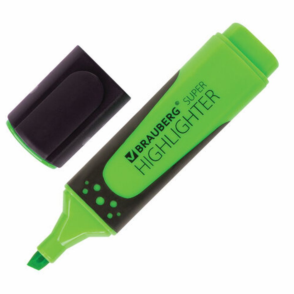 Текстовыделитель BRAUBERG "SUPER", ЗЕЛЕНЫЙ, прорезиненный корпус, линия 1-5 мм, 151739