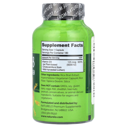 NATURELO, витамин D3, 125 мкг (5000 МЕ), 180 капсул, которые легко глотать