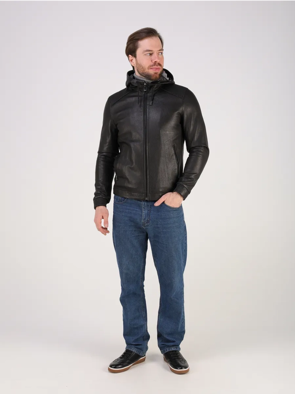 Кожаная куртка демисезонная натуральная с капюшоном