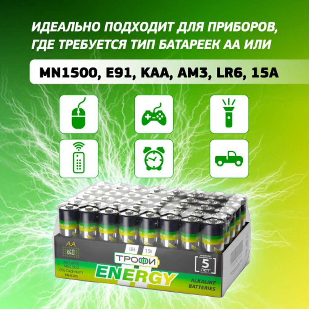 Батарейки Трофи LR6-40 bulk ENERGY Alkaline