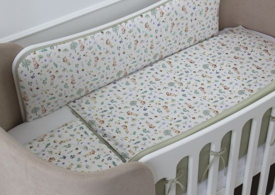 Мягкие бортики для кроватки KIDI soft "Зайчики с желудями" (фисташковый, сатин)