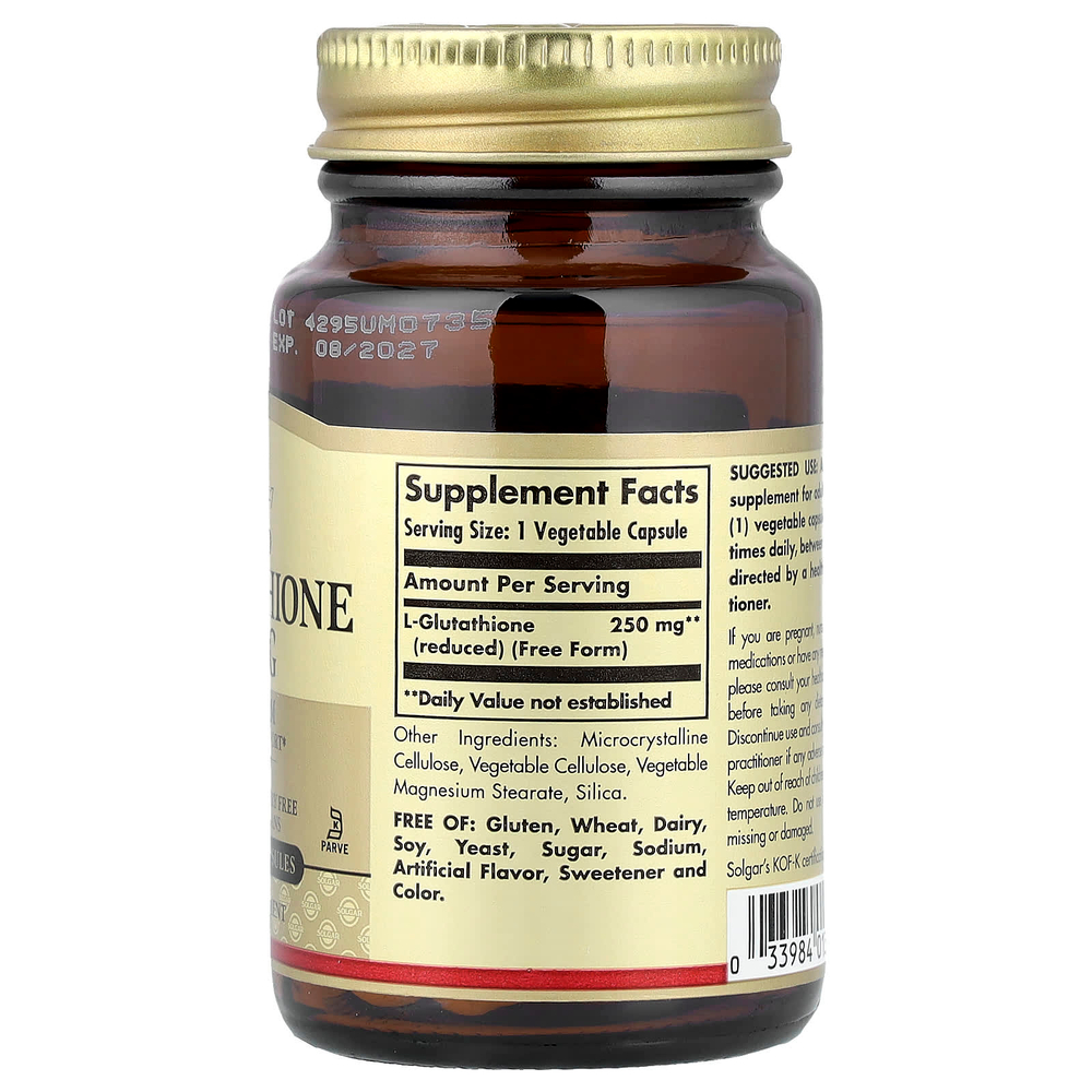 Solgar, Восстановленный L-глутатион, 250 мг, 30 растительных капсул