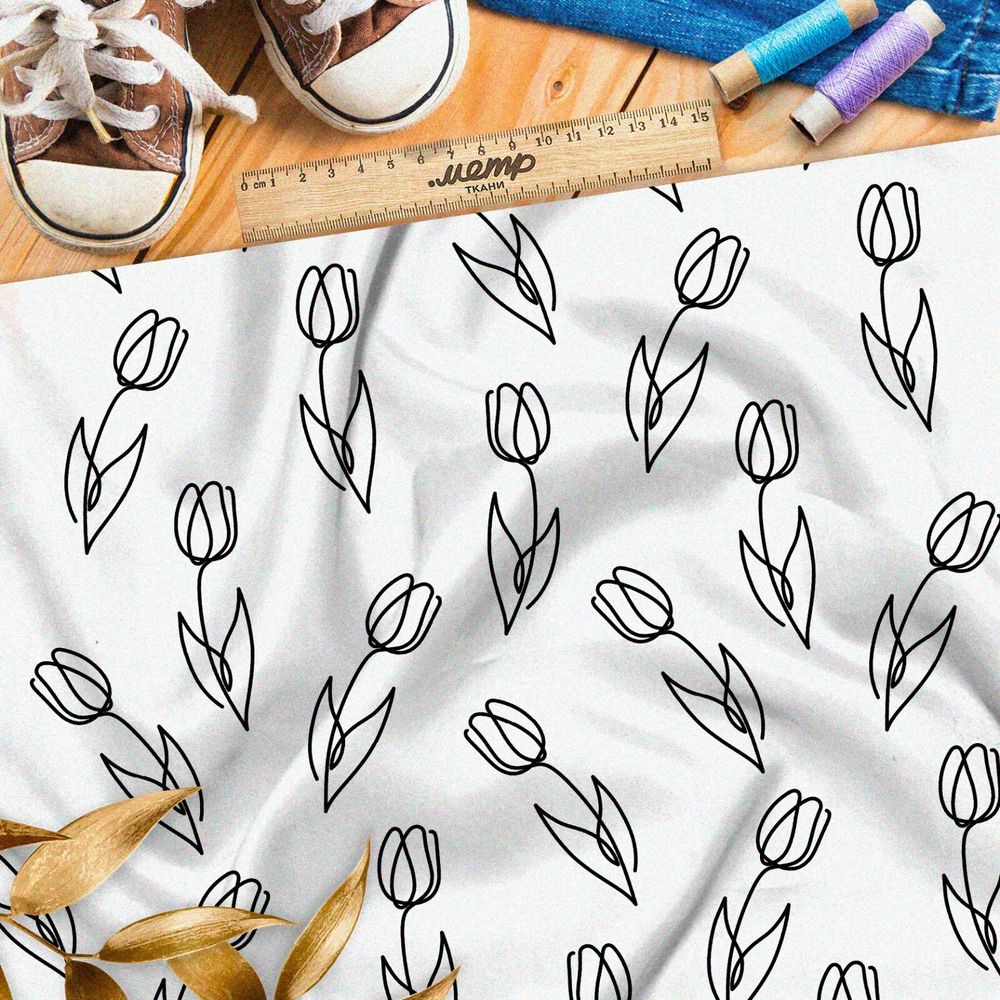 Ткань бифлекс простые эскизы тюльпанов на бежевом фоне