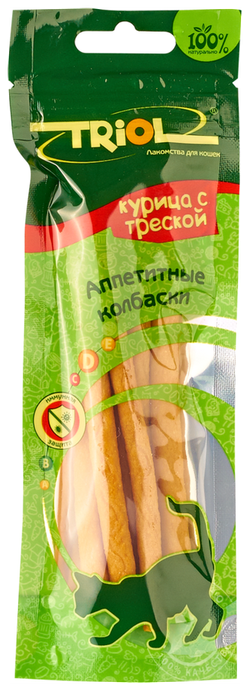 Triol, Лакомства для кошек, Аппетитные колбаски из курицы с треской, 40 гр.