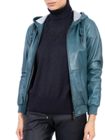 Женская кожаная куртка-бомбер бирюзовая с капюшоном