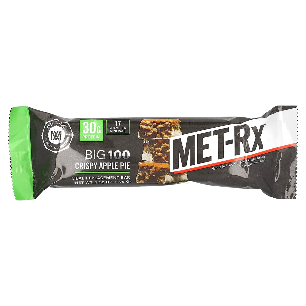 MET-Rx, Big 100, батончик для замены еды, хрустящий яблочный пирог, 9 батончиков, 100 г (3,52 унции)