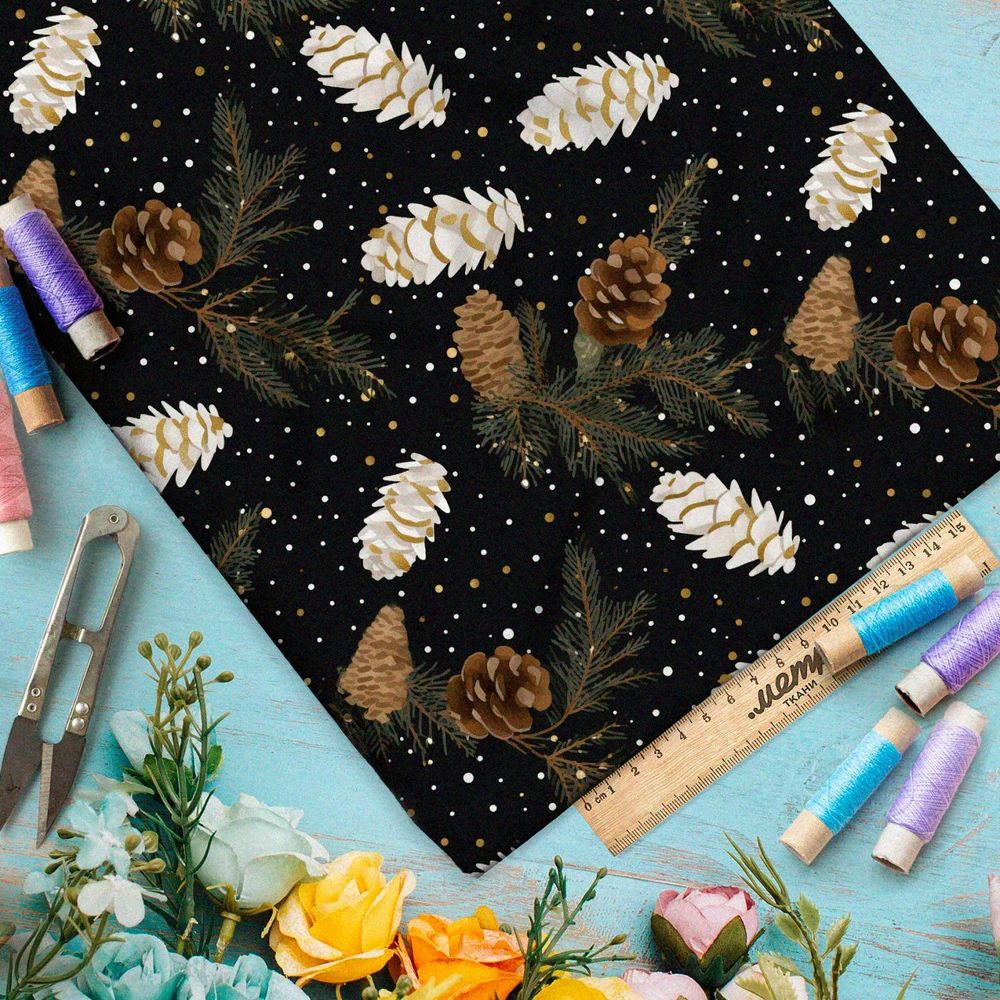 Ткань премиум атлас шишки на фоне ночного неба