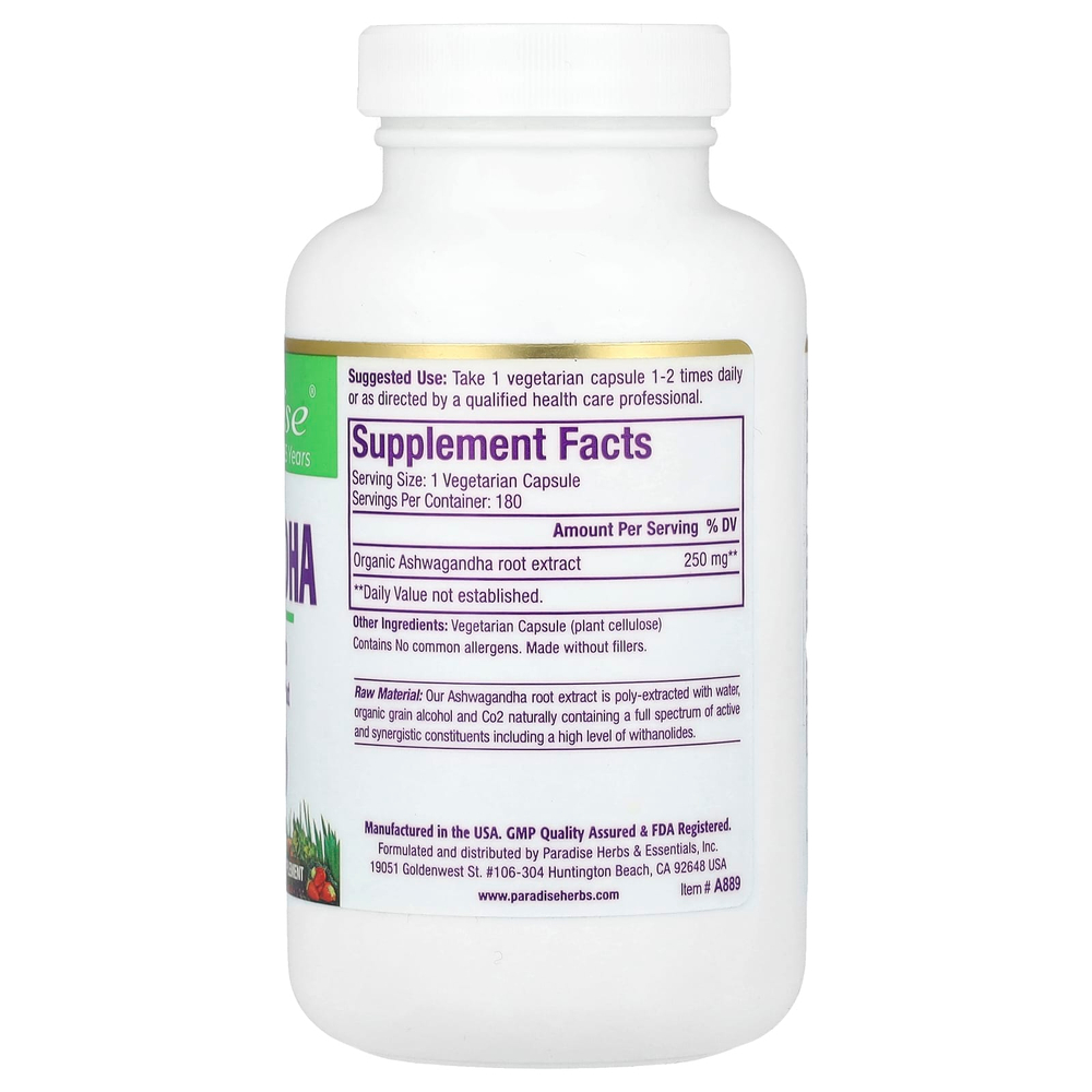 Paradise Herbs, Ашваганда, 250 мг, 180 вегетарианских капсул