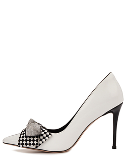 Женские туфли кожаные черно-белые с бантом у носка