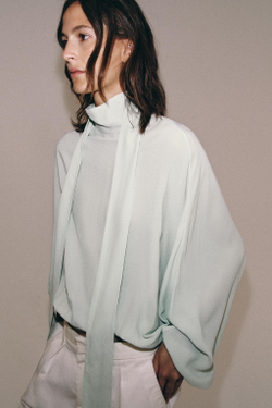 ZARA РУБАШКА С ЗАВЯЗКАМИ ZW COLLECTION, ЦВЕТ МОРСКОЙ ВОЛНЫ