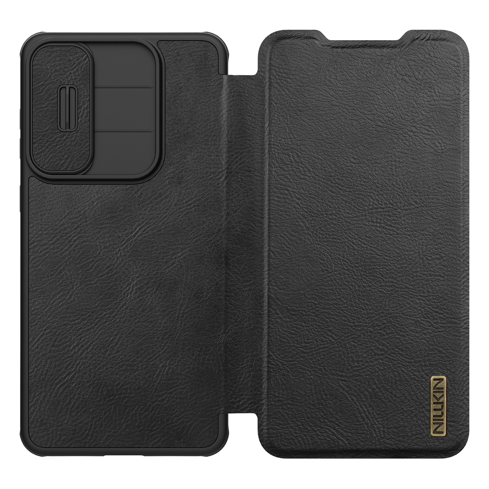 Кожаный чехол книжка от Nillkin для смартфона Samsung Galaxy S25 Edge, серия Qin Pro Leather с сдвижной защитной шторкой для камеры