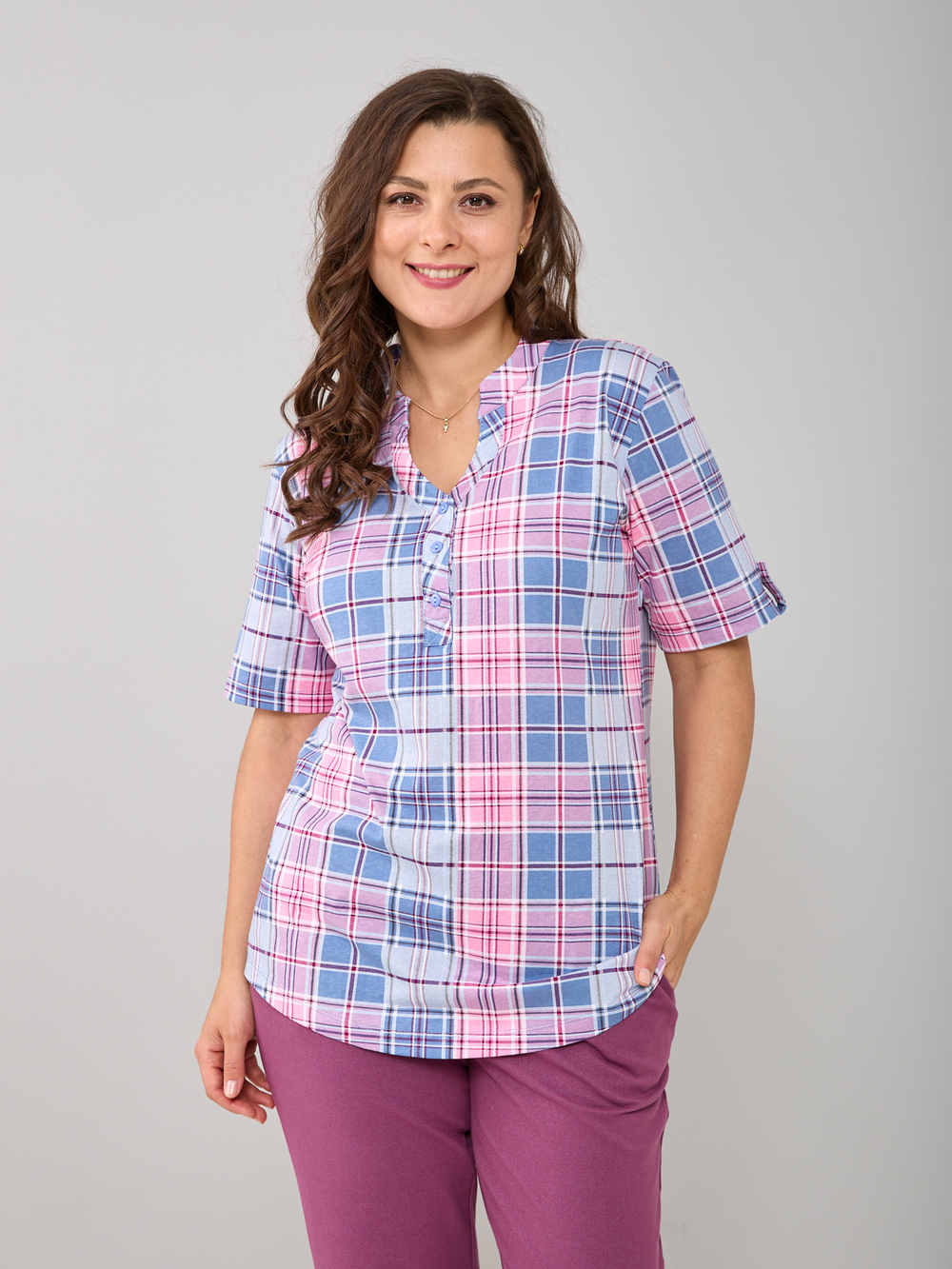 Блузка БЛ-122/сероголубой-розклетка