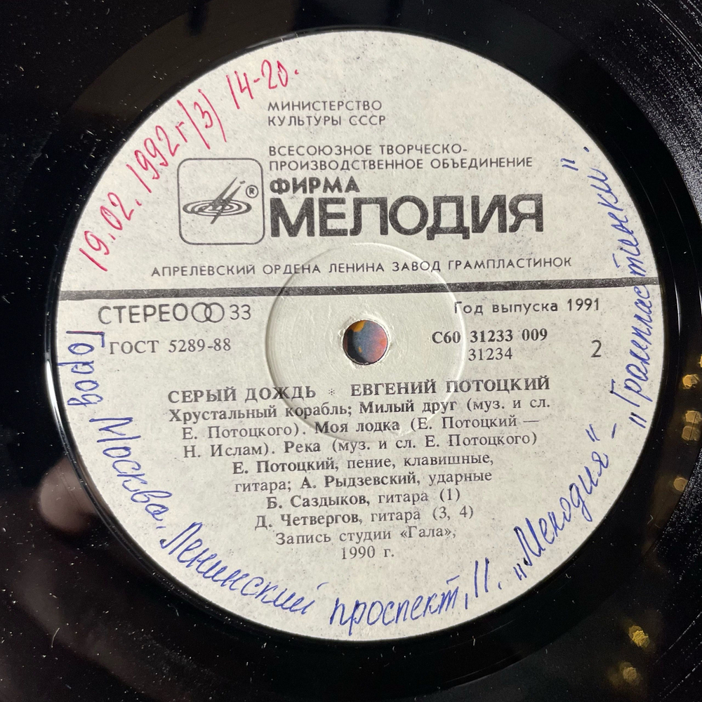 Винтажная виниловая пластинка LP Евгений Потоцкий Серый Дождь (СССР 1991)
