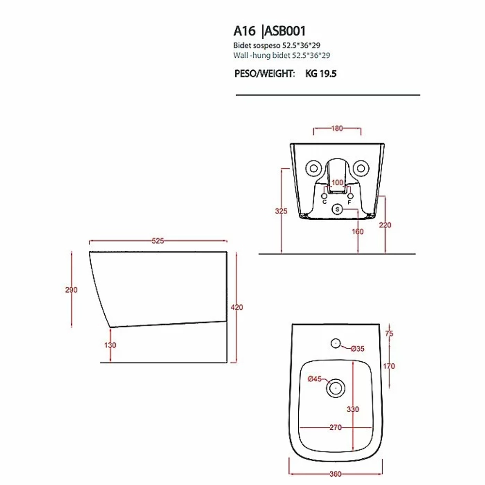 Биде подвесное Artceram A16 ASB001 01 86*1 белый глянцевый/декор Cementina