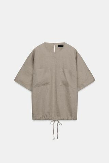 ZARA ТОП ИЗ 100% ЛЬНА НА ШНУРКАХ — ZW COLLECTION, СЕРОВАТО-КОРИЧНЕВЫЙ