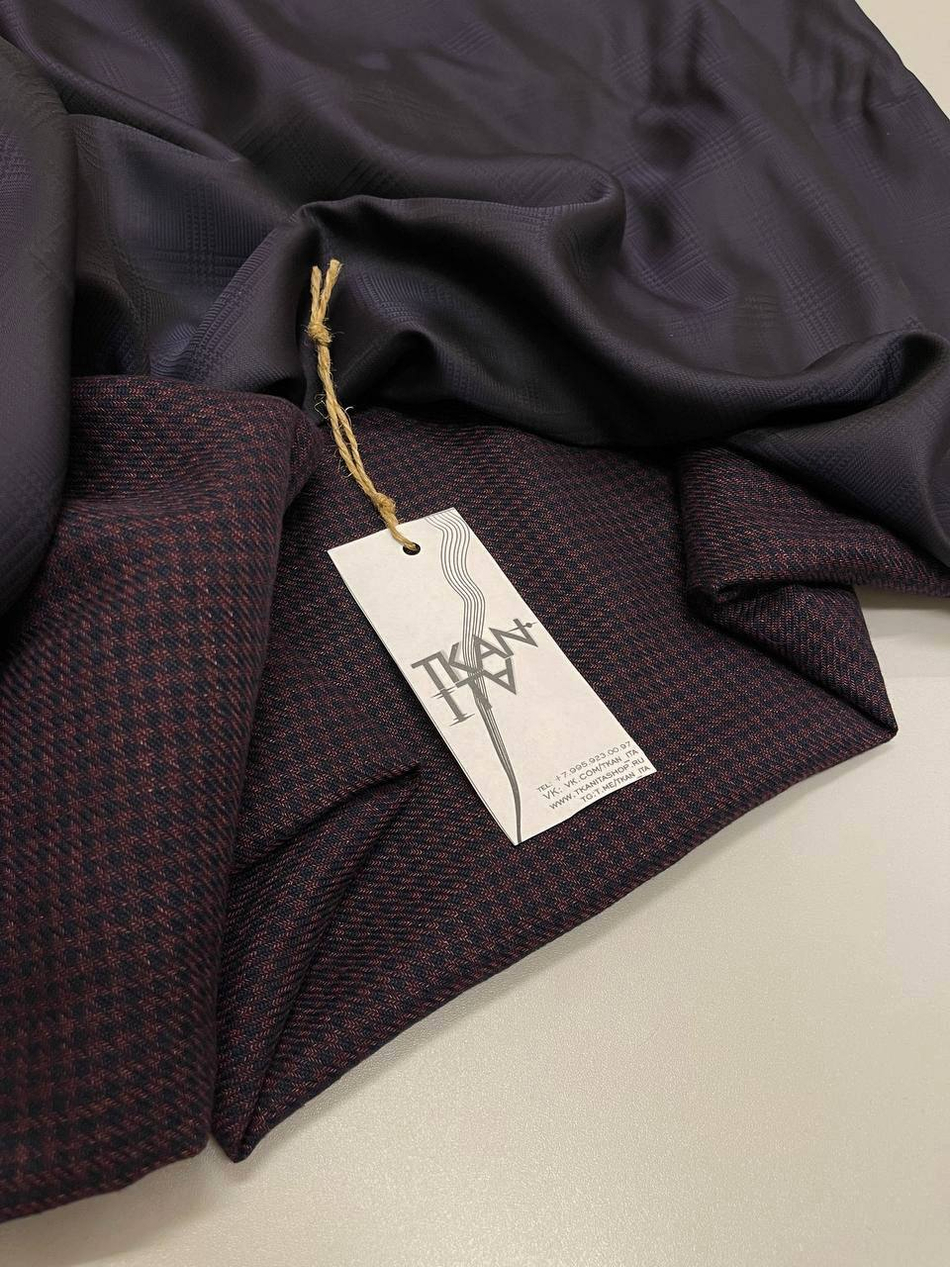 Костюмно-плательная смесовая шерсть со льном и шелком (Ermenegildo Zegna, 55%шерсть/30%лен/15%шелк, Бордово-синяя мелкая гусиная лапка, 150, 238 гр/м2)