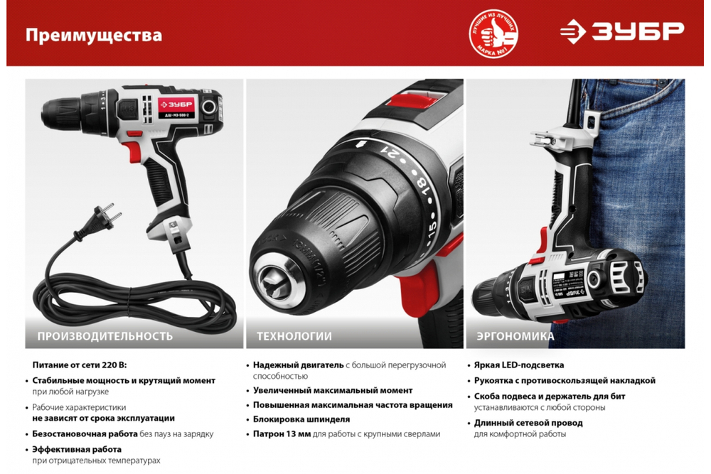 Сетевая дрель-шуруповерт ЗУБР ДШ-М3-500-2 К