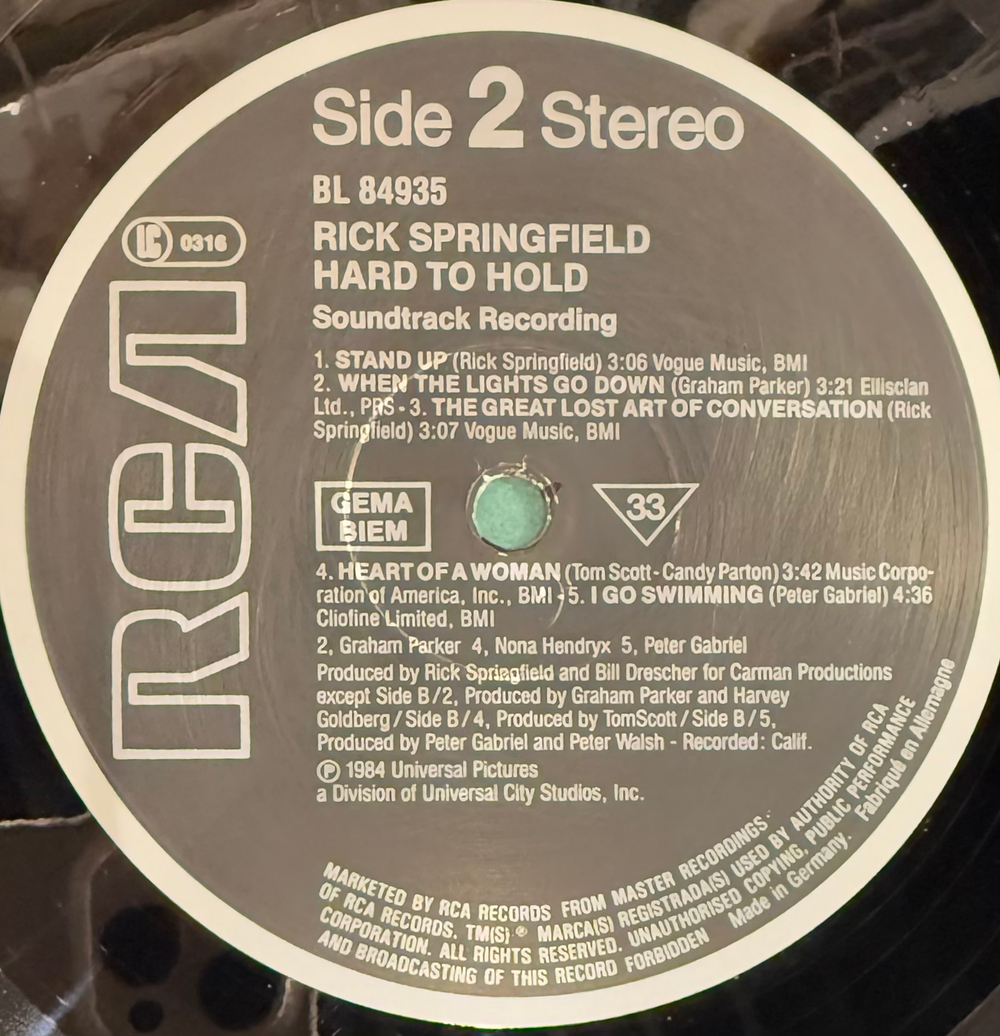 Виниловая пластинка Rick Springfield ‎– Hard To Hold - Soundtrack Recording LP