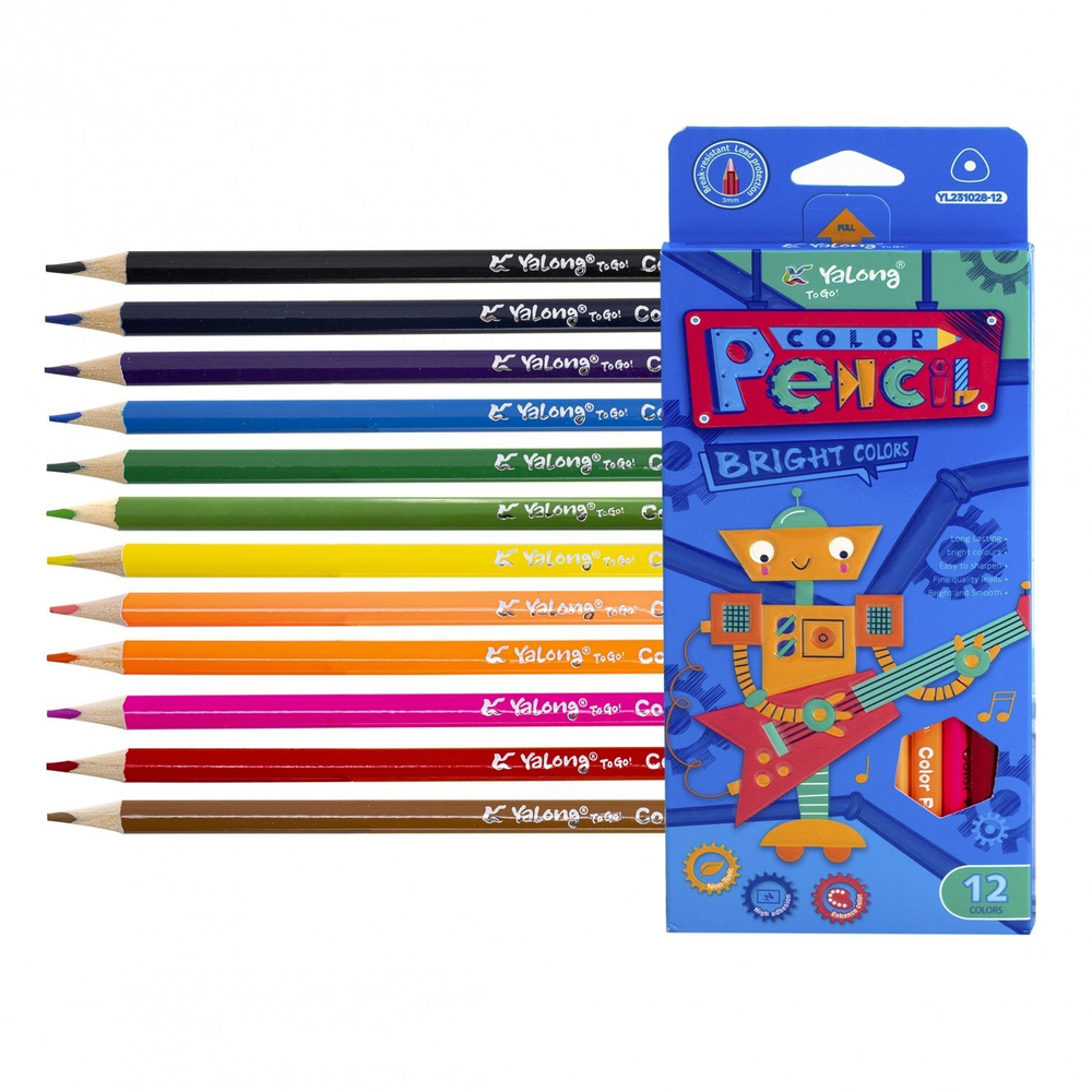 Карандаши цветные Yalong 12 цв., "Роботы" деревянные, трехгранные, заточенные, грифель 3.0 мм, картон. уп., европодвес