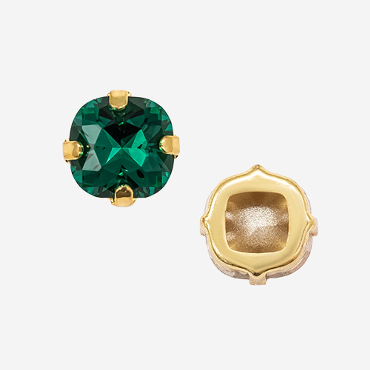 Кристалл Кушон (Сushion) в цапах, оттенок "Изумруд"/"Emerald", 9,2мм, позолота