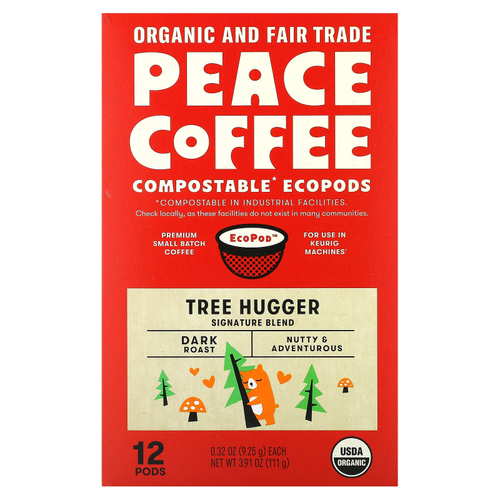 Peace Coffee, Organic Tree Hugger, темная обжарка, 12 стручков по 9,25 г (0,32 унции)