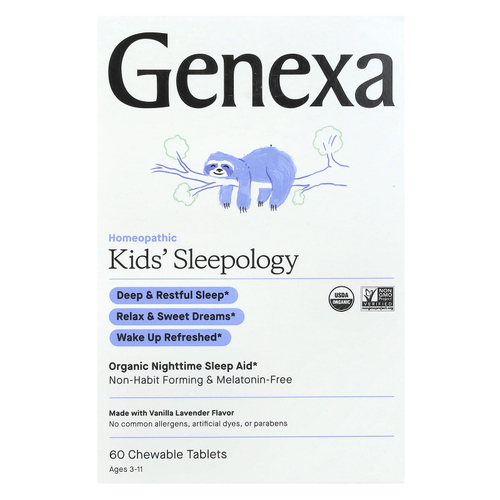 Genexa, Kids' Sleepology, органическое средство для улучшения качества сна, для детей от 3 до 11 лет, ваниль и лаванда, 60 жевательных таблеток