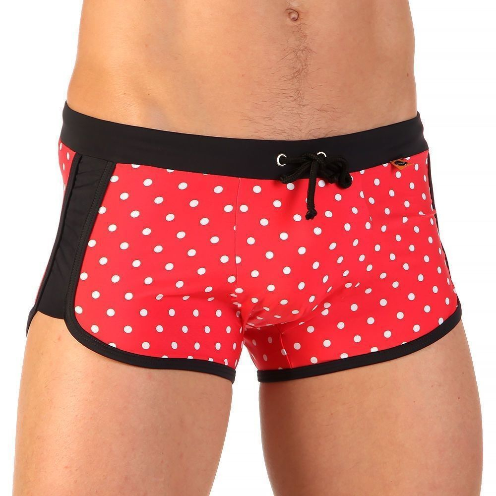 Красные шорты для плавания в горошек с черной окантовкой (Размер: L) (Цвет: красный)