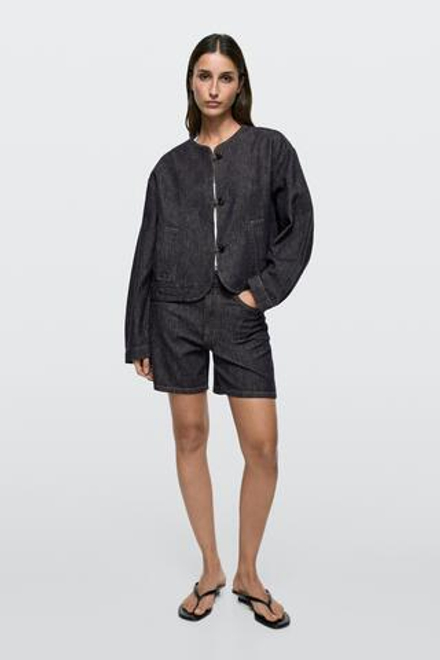 Massimo Dutti Короткая джинсовая куртка из смесового хлопка, темно-синий