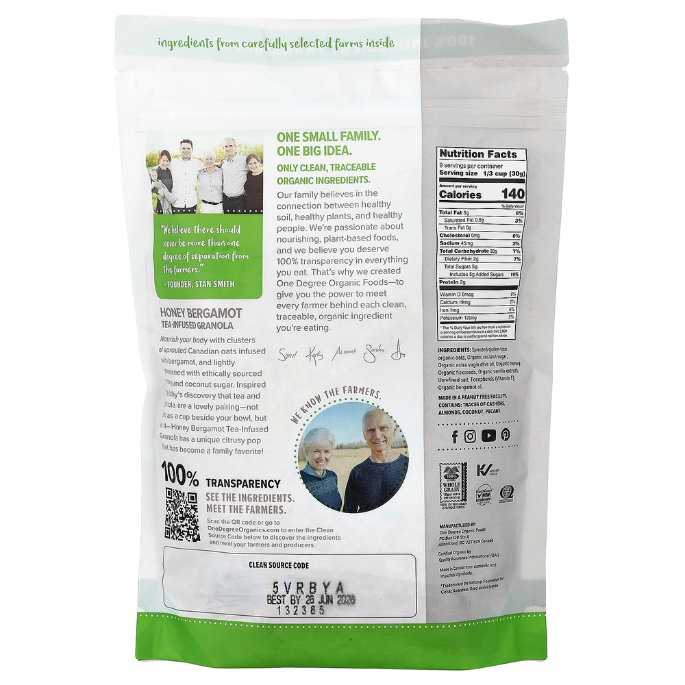 One Degree Organic Foods, гранола с пророщенным чаем, мед и бергамот, 283 г (10 унций)