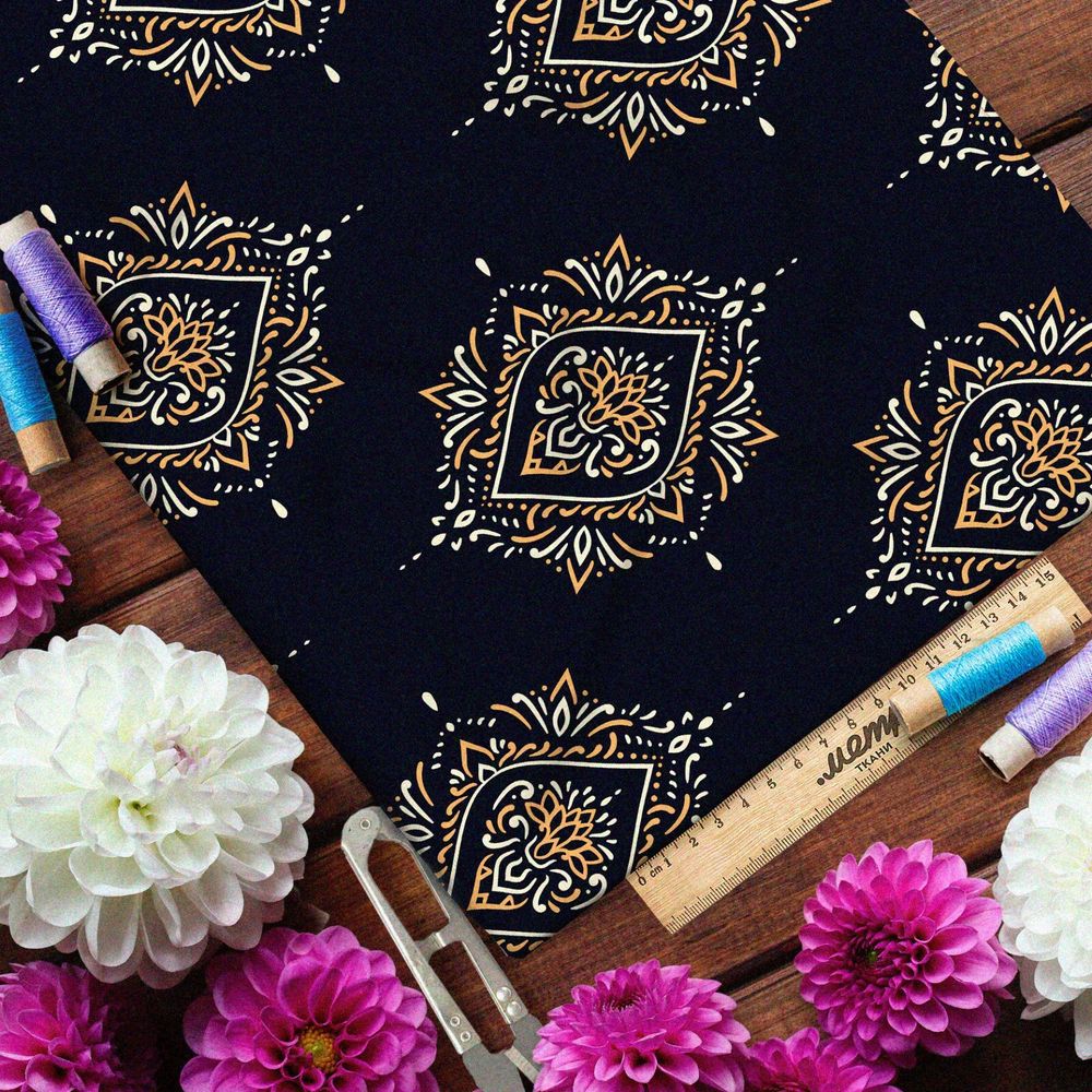 Ткань ниагара симметричная медно-железная роспись на чёрном фоне