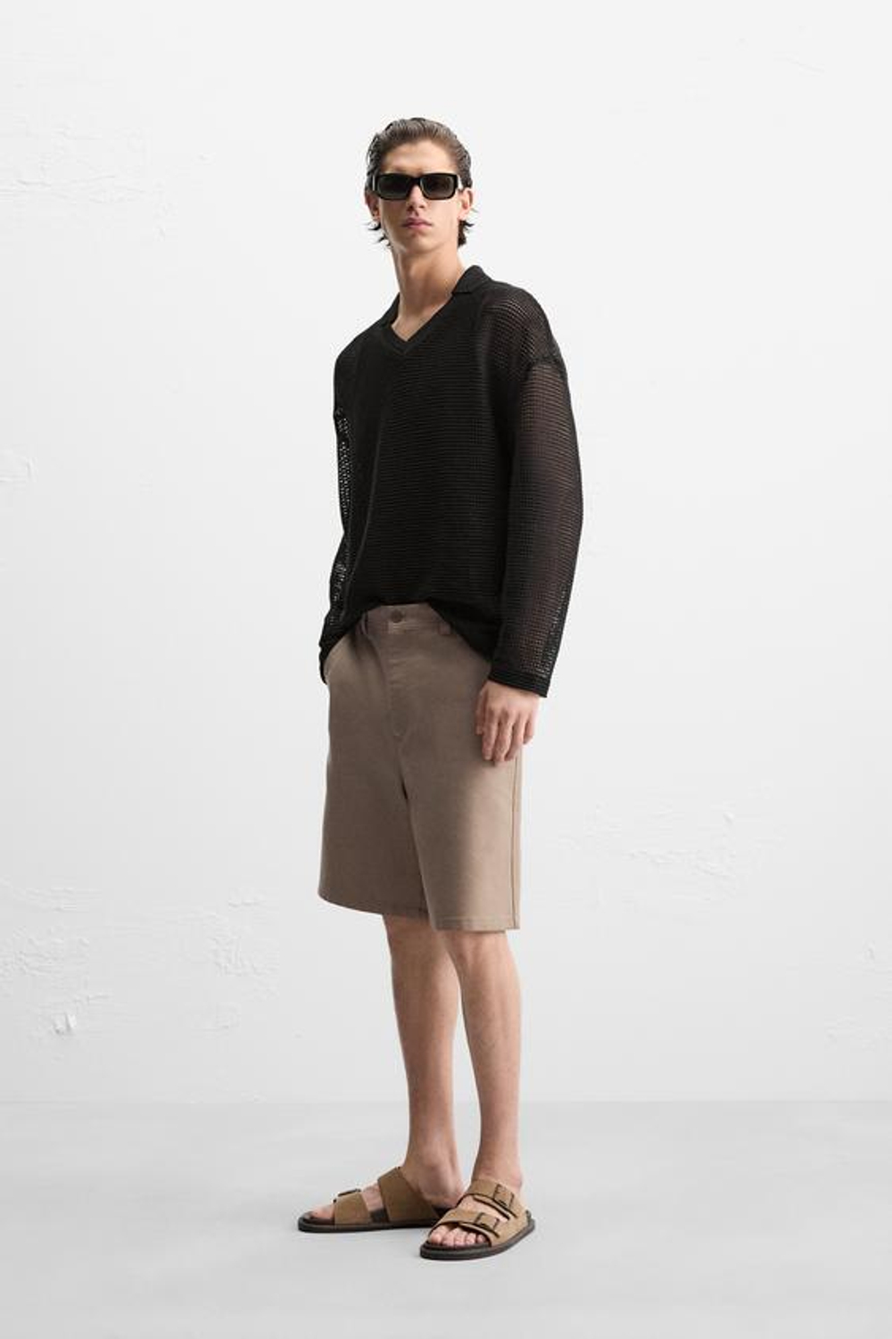 ZARA ПОЛО ИЗ РЕЛЬЕФНОЙ СЕТЧАТОЙ ТКАНИ, ЧЕРНЫЙ