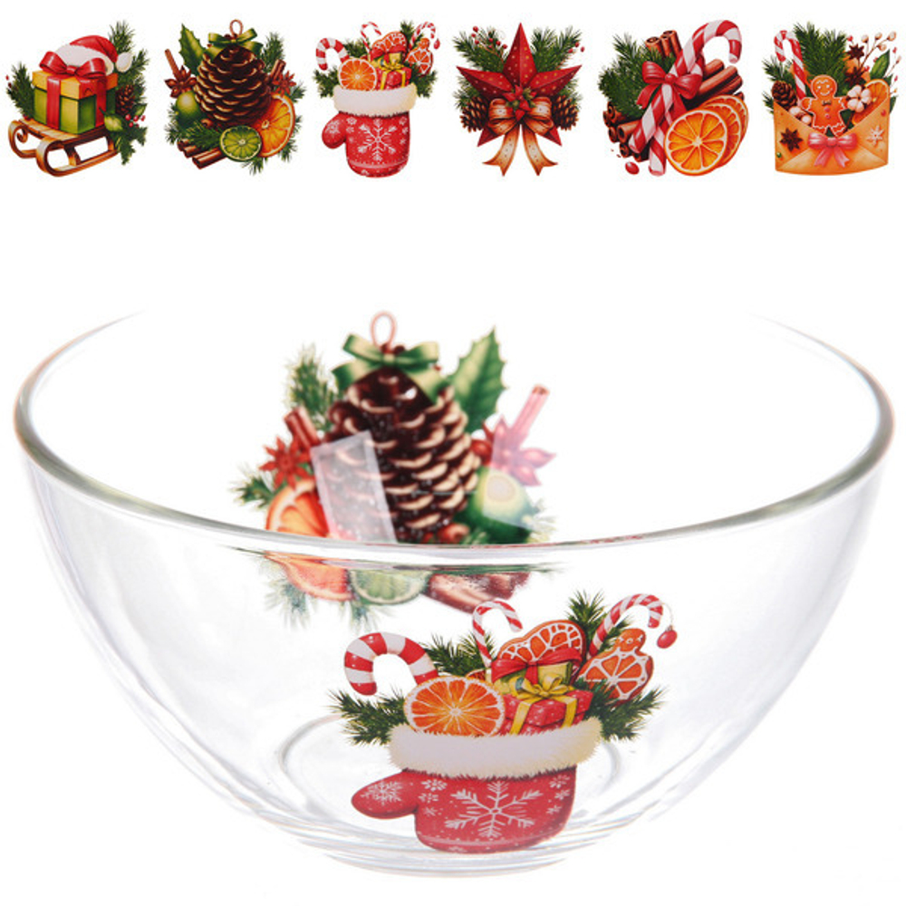 Салатник стеклянный 800мл «Зимняя фантазия» 2 деколи, 6 видов