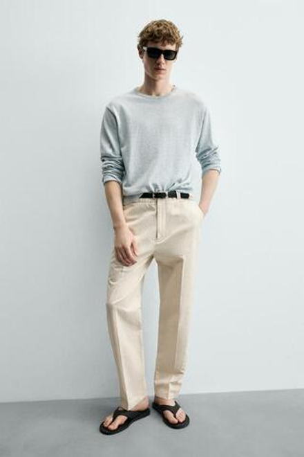 ZARA ПРЯМЫЕ БРЮКИ ЧИНОС ИЗ ХЛОПКА И ЛЬНА, ПЕСОЧНЫЙ