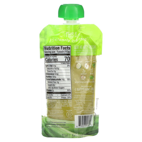 Happy Family Organics, Happy Baby, для детей от 6 месяцев, цукини, яблоки, горох, киноа и базилик, 113 г (4 унции)