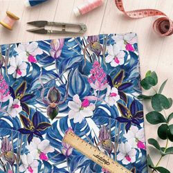 Ткань ниагара синие листья белый цветок