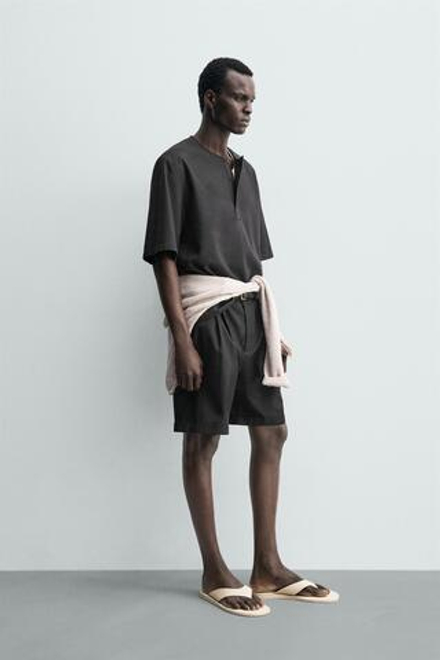 ZARA ФУТБОЛКА ПОЛО ИЗ ЛЬНА, ЧЕРНЫЙ