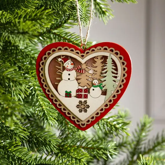 Ёлочная игрушка Красное сердце со снеговиком 12х2 см., от батареек, свечение тёплое белое, Luazon Lighting (6117361)